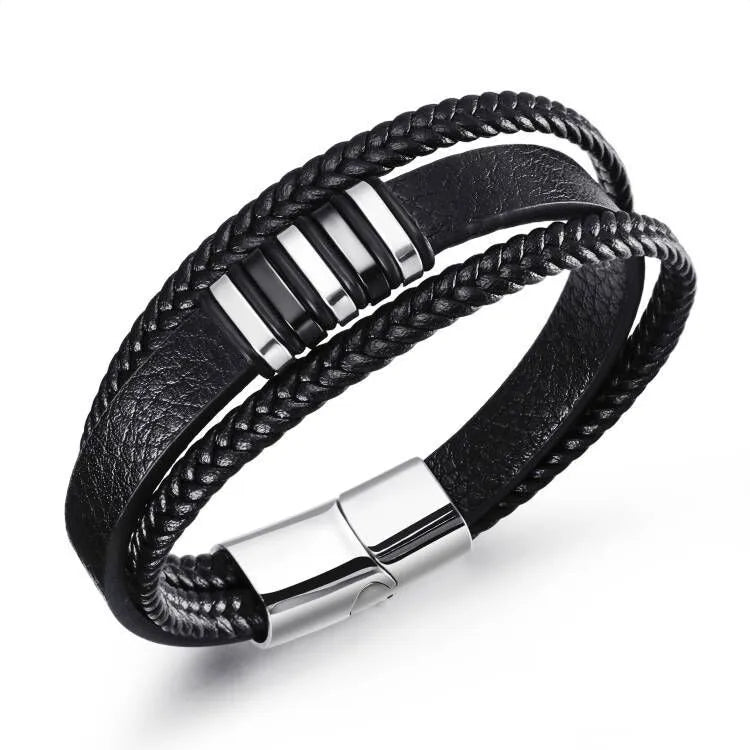 Bracelet tressé multicouche en acier inoxydable tendance, style punk hip-hop, bracelet en cuir pour homme, bracelet à fermoir magnétique
