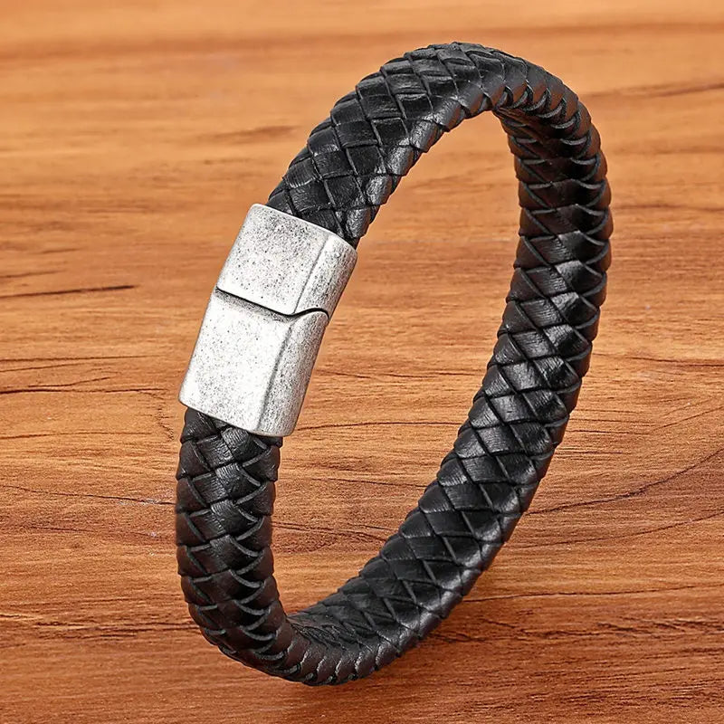 TYO mode acier inoxydable breloque magnétique noir hommes Bracelet en cuir véritable tressé Punk Rock bracelets bijoux accessoires
