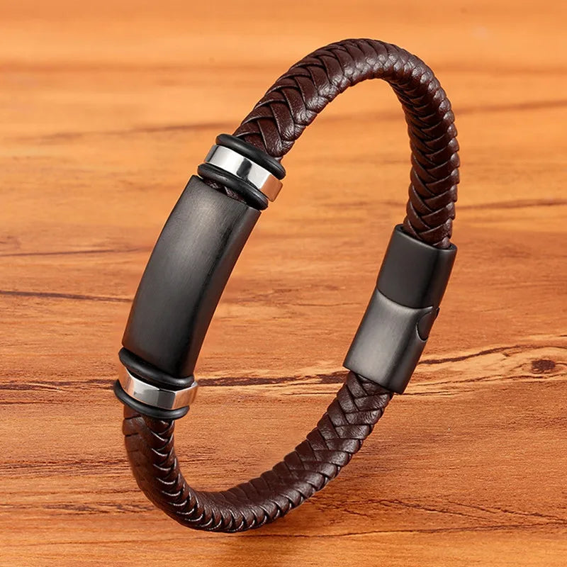 TYO mode acier inoxydable breloque magnétique noir hommes Bracelet en cuir véritable tressé Punk Rock bracelets bijoux accessoires
