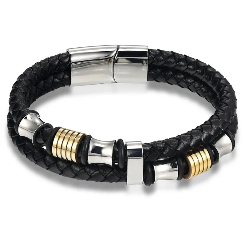 TYO mode acier inoxydable breloque magnétique noir hommes Bracelet en cuir véritable tressé Punk Rock bracelets bijoux accessoires