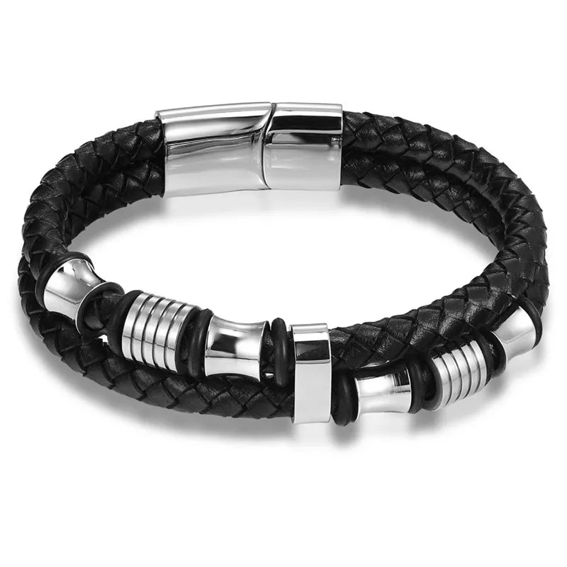TYO mode acier inoxydable breloque magnétique noir hommes Bracelet en cuir véritable tressé Punk Rock bracelets bijoux accessoires