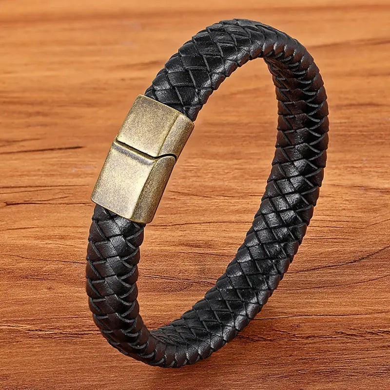 TYO mode acier inoxydable breloque magnétique noir hommes Bracelet en cuir véritable tressé Punk Rock bracelets bijoux accessoires