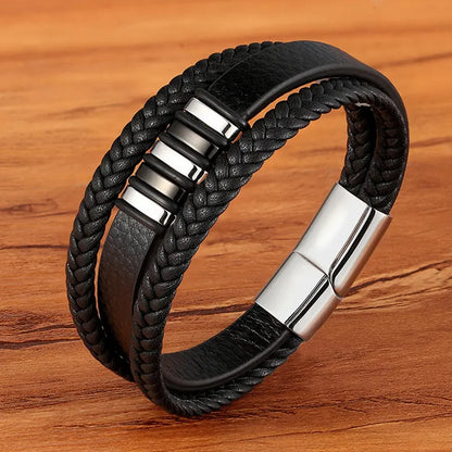 TYO mode acier inoxydable breloque magnétique noir hommes Bracelet en cuir véritable tressé Punk Rock bracelets bijoux accessoires
