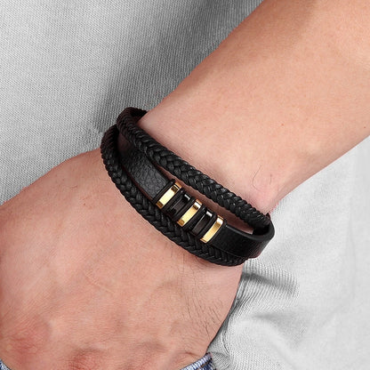 TYO mode acier inoxydable breloque magnétique noir hommes Bracelet en cuir véritable tressé Punk Rock bracelets bijoux accessoires