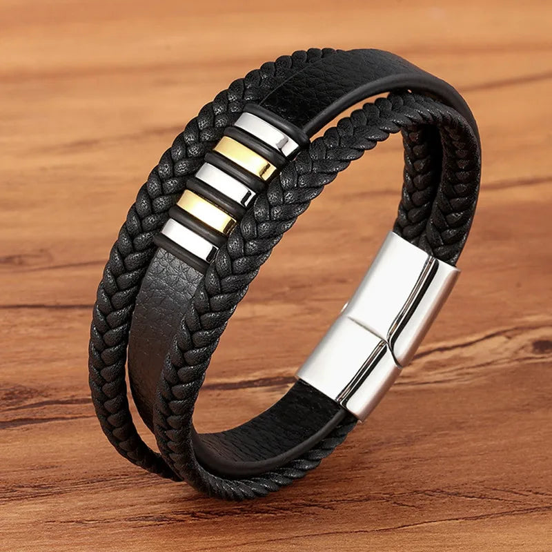 TYO mode acier inoxydable breloque magnétique noir hommes Bracelet en cuir véritable tressé Punk Rock bracelets bijoux accessoires