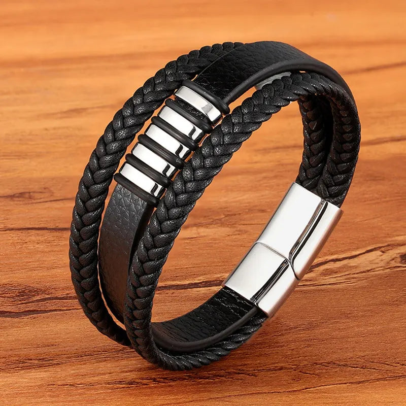 TYO mode acier inoxydable breloque magnétique noir hommes Bracelet en cuir véritable tressé Punk Rock bracelets bijoux accessoires
