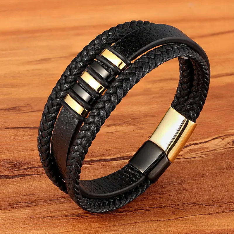 TYO mode acier inoxydable breloque magnétique noir hommes Bracelet en cuir véritable tressé Punk Rock bracelets bijoux accessoires