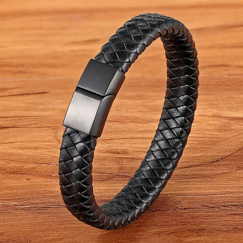 TYO mode acier inoxydable breloque magnétique noir hommes Bracelet en cuir véritable tressé Punk Rock bracelets bijoux accessoires