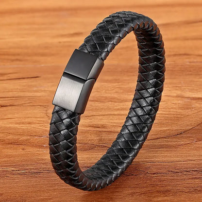 TYO mode acier inoxydable breloque magnétique noir hommes Bracelet en cuir véritable tressé Punk Rock bracelets bijoux accessoires