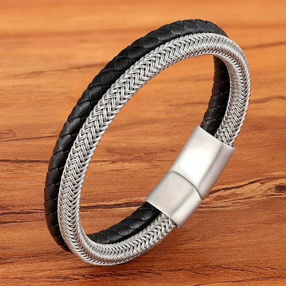 TYO mode acier inoxydable breloque magnétique noir hommes Bracelet en cuir véritable tressé Punk Rock bracelets bijoux accessoires