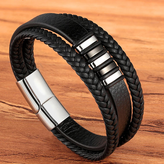 TYO mode acier inoxydable breloque magnétique noir hommes Bracelet en cuir véritable tressé Punk Rock bracelets bijoux accessoires