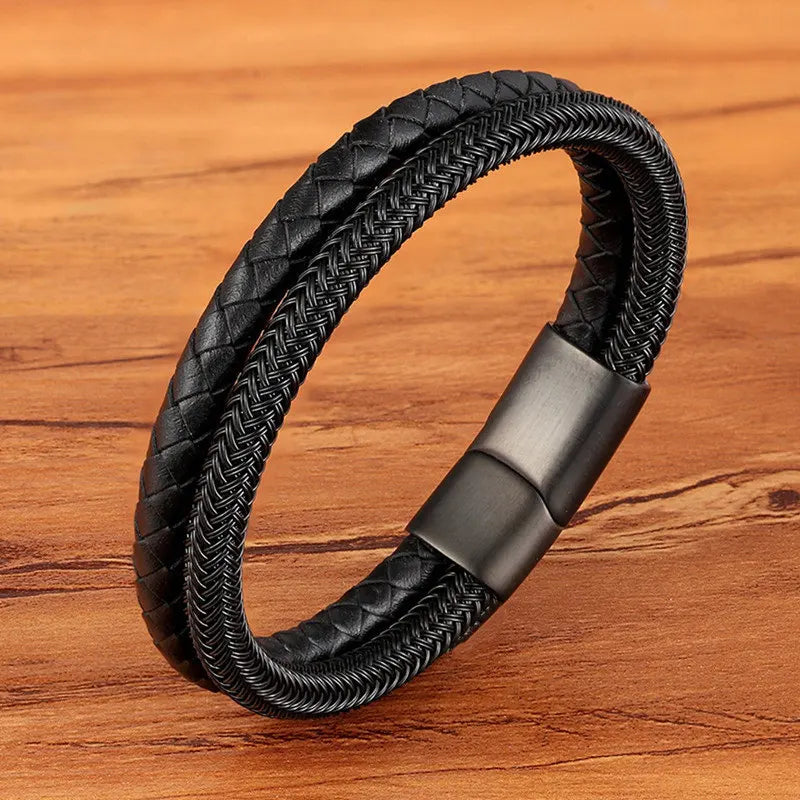 TYO mode acier inoxydable breloque magnétique noir hommes Bracelet en cuir véritable tressé Punk Rock bracelets bijoux accessoires