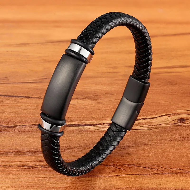 TYO mode acier inoxydable breloque magnétique noir hommes Bracelet en cuir véritable tressé Punk Rock bracelets bijoux accessoires