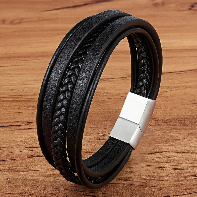 TYO mode acier inoxydable breloque magnétique noir hommes Bracelet en cuir véritable tressé Punk Rock bracelets bijoux accessoires