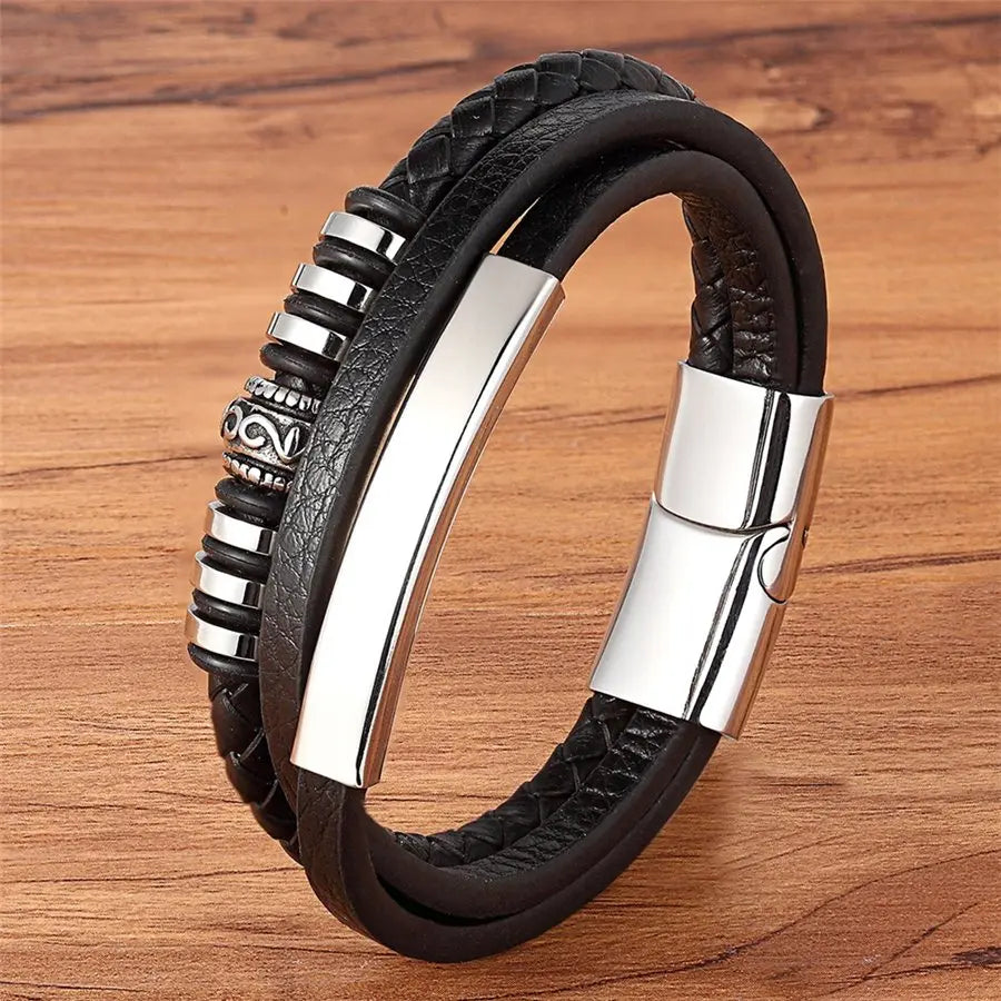 TYO mode acier inoxydable breloque magnétique noir hommes Bracelet en cuir véritable tressé Punk Rock bracelets bijoux accessoires