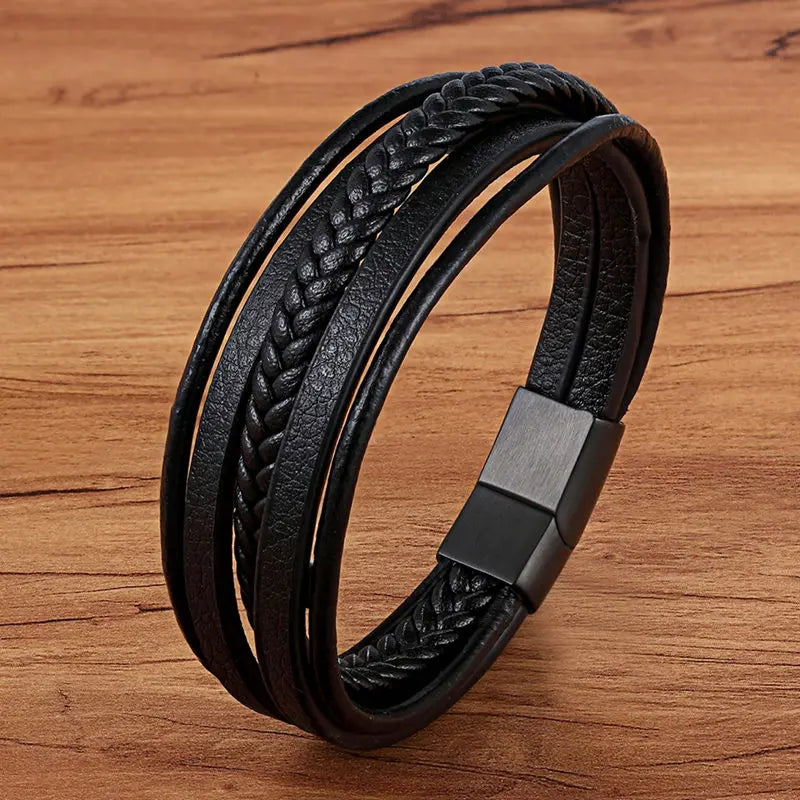 TYO mode acier inoxydable breloque magnétique noir hommes Bracelet en cuir véritable tressé Punk Rock bracelets bijoux accessoires