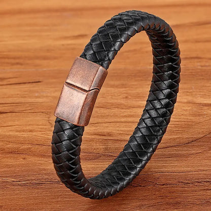 TYO mode acier inoxydable breloque magnétique noir hommes Bracelet en cuir véritable tressé Punk Rock bracelets bijoux accessoires