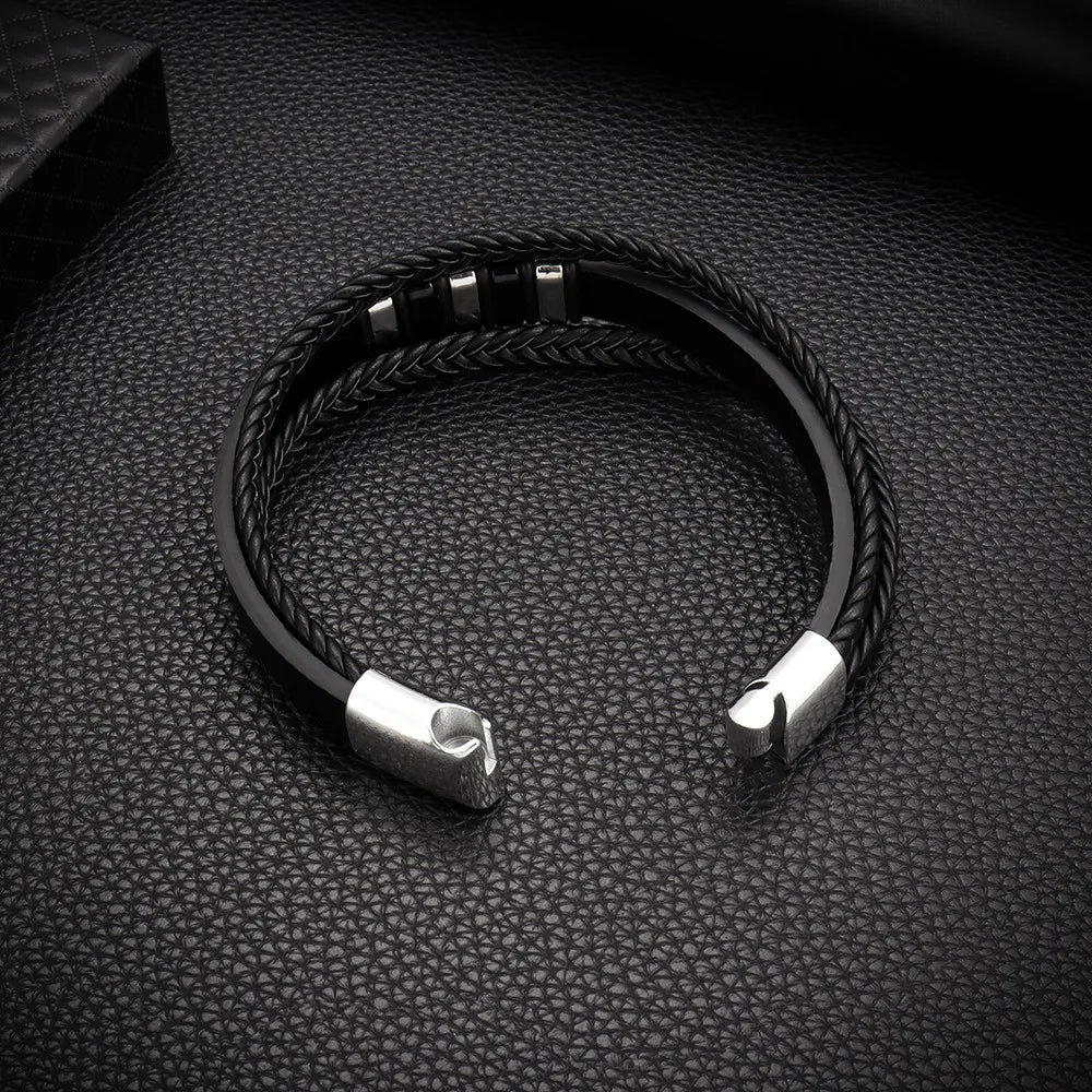 Bracelet tressé multicouche en acier inoxydable tendance, style punk hip-hop, bracelet en cuir pour homme, bracelet à fermoir magnétique