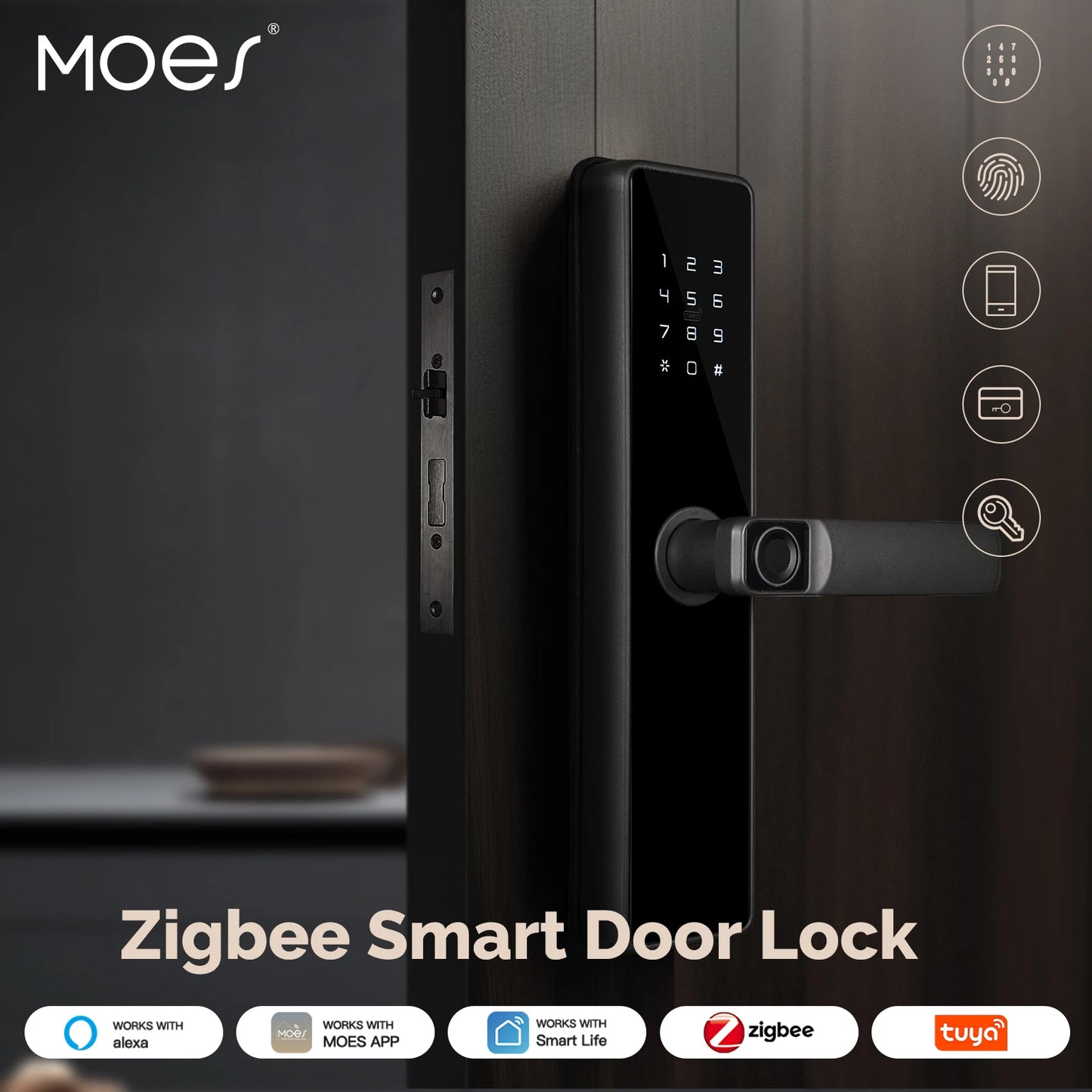 MOES Tuya ZigBee serrure de porte intelligente mot de passe intérieur empreinte digitale déverrouillage à distance clavier alarme inviolable alimenté par batterie fonctionne avec Alexa