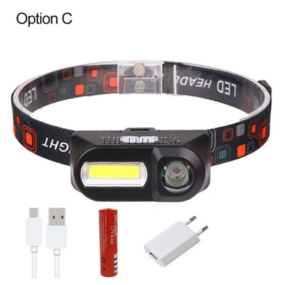 Lampe frontale LED 6000 lumens, 6 modes, XPE+COB, lampe torche frontale, lampe de poche, lampe frontale avec batterie 18650 pour la pêche et la chasse
