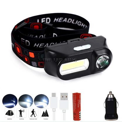 Lampe frontale LED 6000 lumens, 6 modes, XPE+COB, lampe torche frontale, lampe de poche, lampe frontale avec batterie 18650 pour la pêche et la chasse