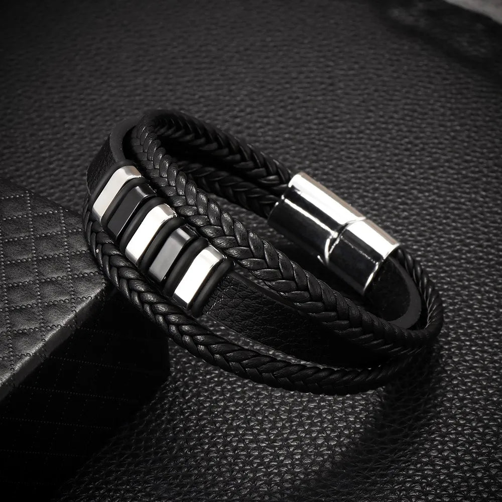 Bracelet tressé multicouche en acier inoxydable tendance, style punk hip-hop, bracelet en cuir pour homme, bracelet à fermoir magnétique