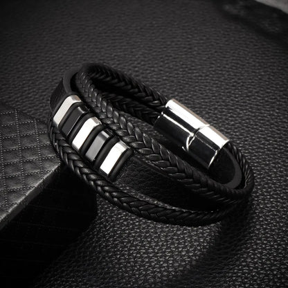 Bracelet tressé multicouche en acier inoxydable tendance, style punk hip-hop, bracelet en cuir pour homme, bracelet à fermoir magnétique