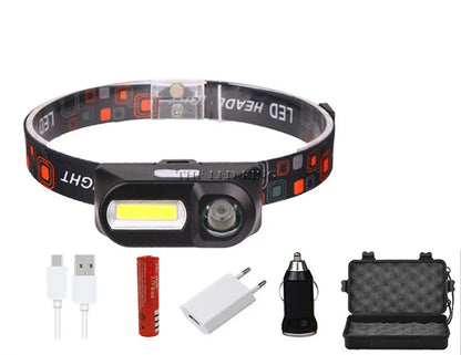 Lampe frontale LED 6000 lumens, 6 modes, XPE+COB, lampe torche frontale, lampe de poche, lampe frontale avec batterie 18650 pour la pêche et la chasse