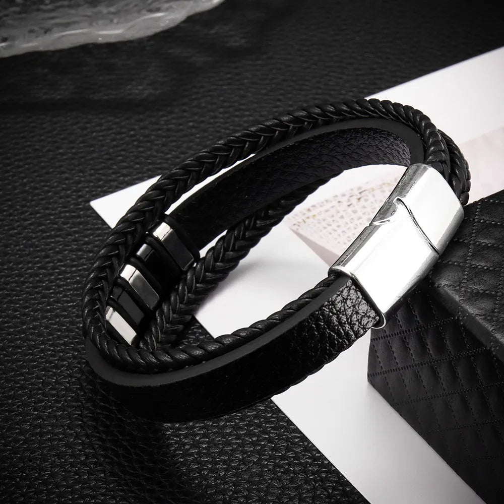 Bracelet tressé multicouche en acier inoxydable tendance, style punk hip-hop, bracelet en cuir pour homme, bracelet à fermoir magnétique