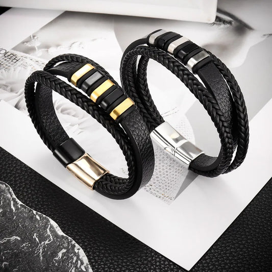 Bracelet tressé multicouche en acier inoxydable tendance, style punk hip-hop, bracelet en cuir pour homme, bracelet à fermoir magnétique