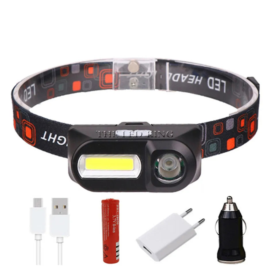Lampe frontale LED 6000 lumens, 6 modes, XPE+COB, lampe torche frontale, lampe de poche, lampe frontale avec batterie 18650 pour la pêche et la chasse