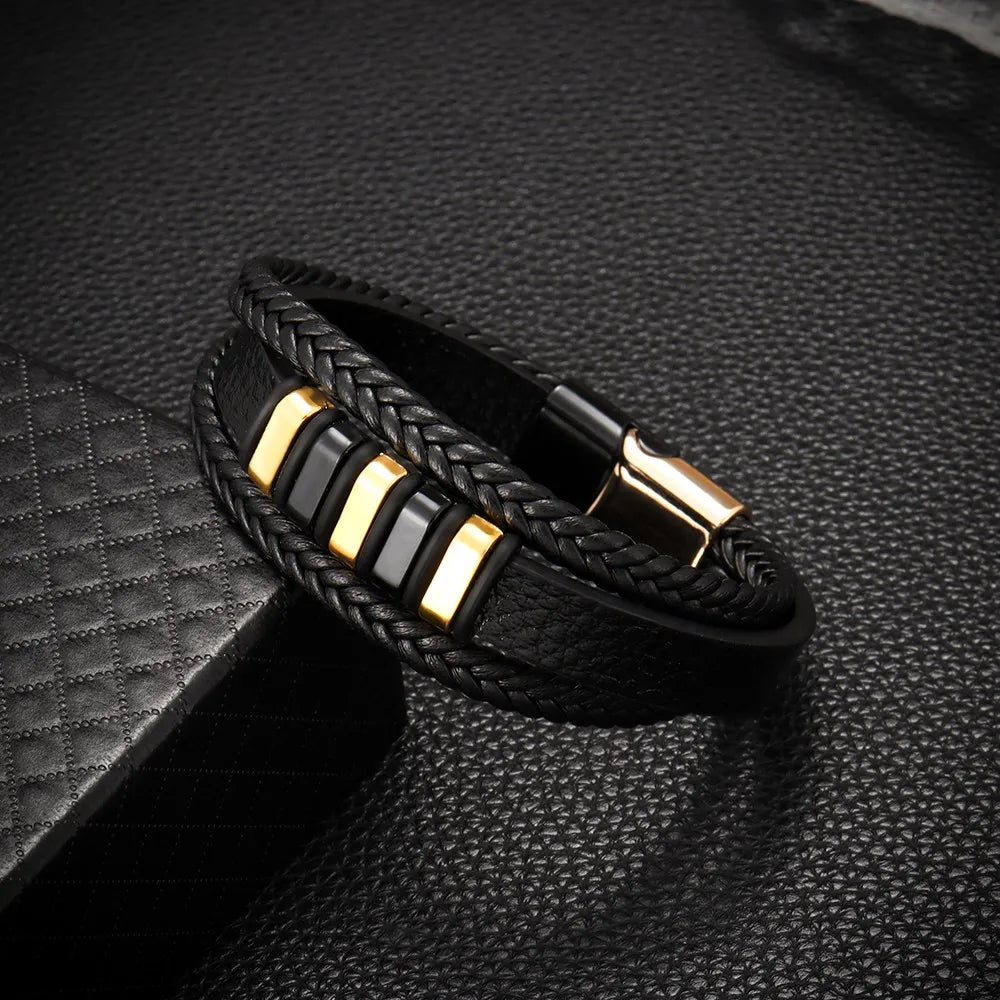 Bracelet tressé multicouche en acier inoxydable tendance, style punk hip-hop, bracelet en cuir pour homme, bracelet à fermoir magnétique